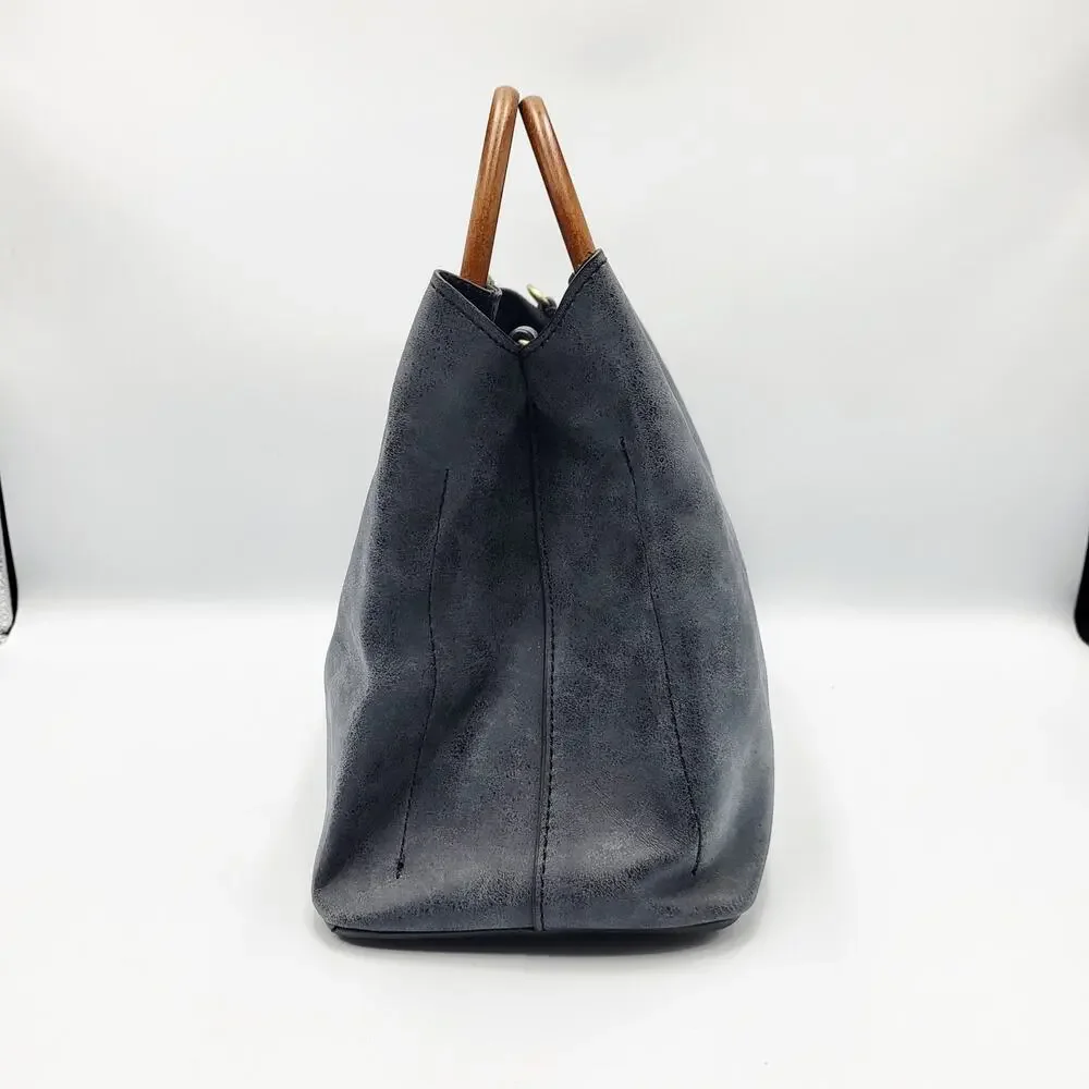 Joy Susan Angie Satchel Bag Carved Wooden Handles Black Vegan Leather Top Handle